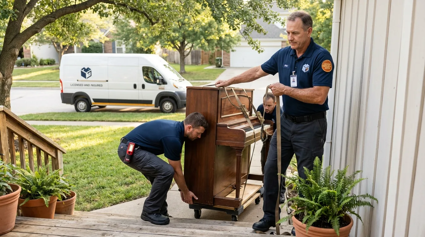 Licensed piano movers securing grand piano in Warren, IL