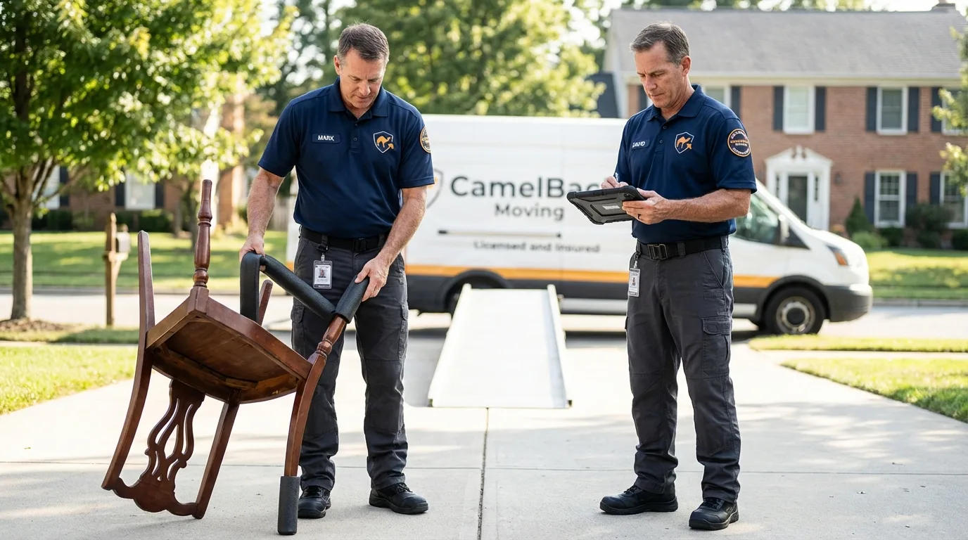 Movers inspecting furniture for damage prevention before loading in Warren, IL